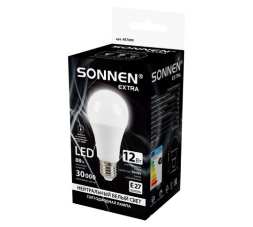 Лампа светодиодная SONNEN EXTRA, 12 (100) Вт, Е27, груша, нейтральный белый, 30000 ч, LED A60-12W-4000-Е27, 457895