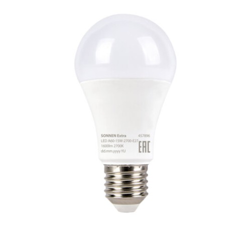 Лампа светодиодная SONNEN EXTRA, 15 (130) Вт, Е27, груша, теплый белый, 30000 ч, LED A60-15W-2700-Е27, 457896