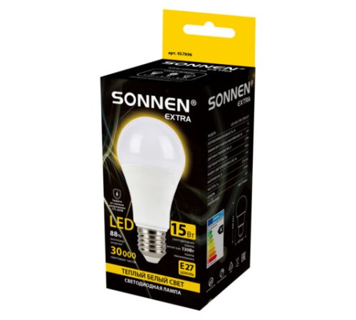 Лампа светодиодная SONNEN EXTRA, 15 (130) Вт, Е27, груша, теплый белый, 30000 ч, LED A60-15W-2700-Е27, 457896
