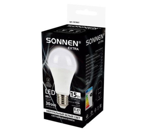 Лампа светодиодная SONNEN EXTRA, 15 (130) Вт, Е27, груша, нейтральный белый, 30000 ч, LED A60-15W-4000-Е27, 457897