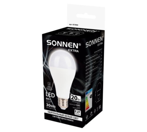 Лампа светодиодная SONNEN EXTRA, 20 (150) Вт, Е27, груша, нейтральный белый, 30000 ч, LED A65-20W-4000-Е27, 457899