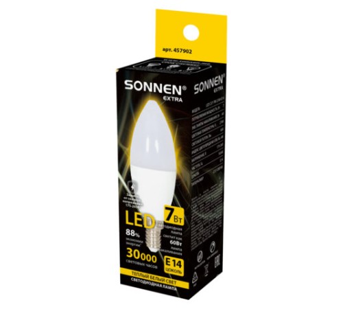 Лампа светодиодная SONNEN EXTRA, 7 (60) Вт, Е14, свеча, теплый белый, 30000 ч, LED C37-7W-2700-Е14, 457902