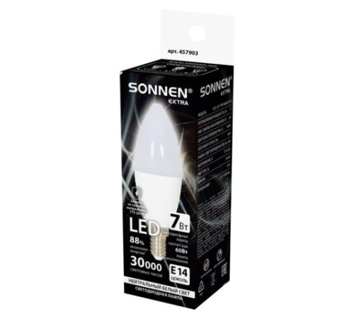 Лампа светодиодная SONNEN EXTRA, 7 (60) Вт, Е14, свеча, нейтральный белый, 30000 ч, LED C37-7W-4000-Е14, 457903