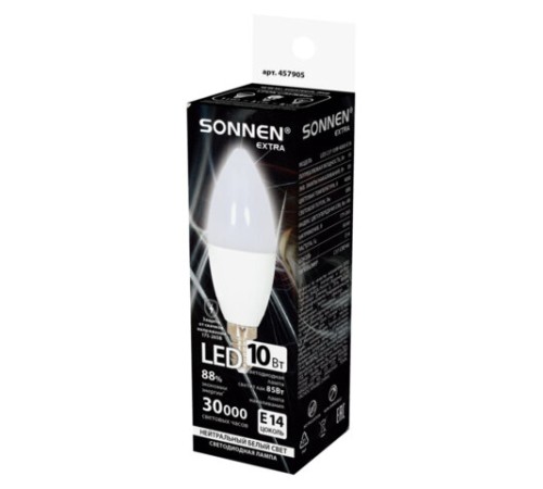 Лампа светодиодная SONNEN EXTRA, 10 (85) Вт, Е14, свеча, нейтральный белый, 30000 ч, LED C37-10W-4000-Е14, 457905