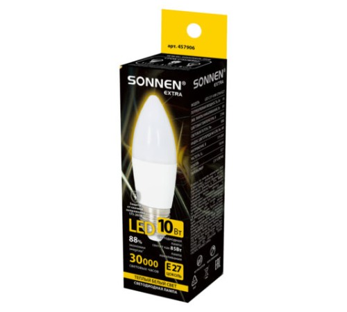 Лампа светодиодная SONNEN EXTRA, 10 (85) Вт, Е27, свеча, теплый белый, 30000 ч, LED C37-10W-2700-Е27, 457906