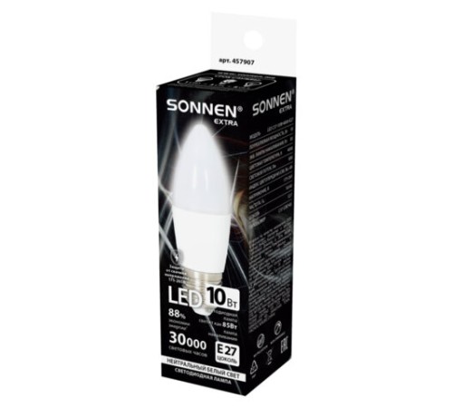 Лампа светодиодная SONNEN EXTRA, 10 (85) Вт, Е27, свеча, нейтральный белый, 30000 ч, LED C37-10W-4000-Е27, 457907