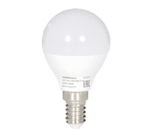 Лампа светодиодная SONNEN EXTRA,10 (85) Вт, E14, шар, нейтральный белый, 30000 ч, LED G45-10W-4000-Е14, 457910