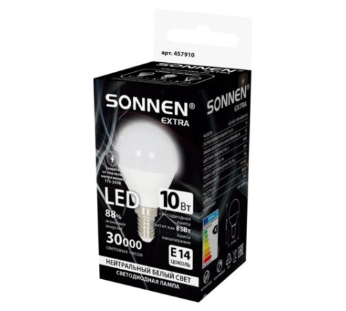 Лампа светодиодная SONNEN EXTRA,10 (85) Вт, E14, шар, нейтральный белый, 30000 ч, LED G45-10W-4000-Е14, 457910