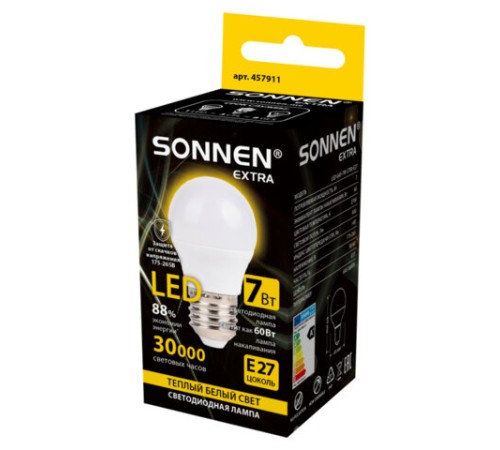 Лампа светодиодная SONNEN EXTRA, 7 (60) Вт, E27, шар, теплый белый, 30000 ч, LED G45-7W-2700-Е27, 457911