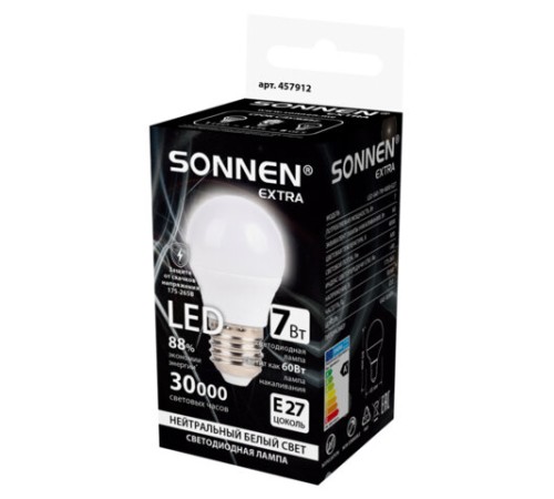 Лампа светодиодная SONNEN EXTRA, 7 (60) Вт, E27, шар, нейтральный белый, 30000 ч, LED G45-7W-4000-Е27, 457912