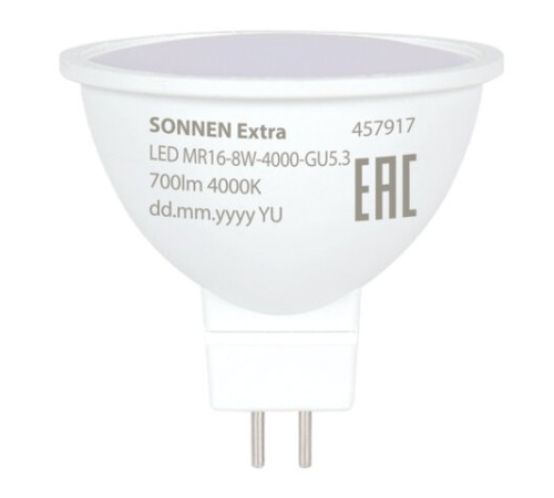 Лампа светодиодная SONNEN EXTRA, 8 (70) Вт, GU5.3, софит, нейтральный белый, 30000 ч, LED MR16-8W-4000-GU5.3, 457917