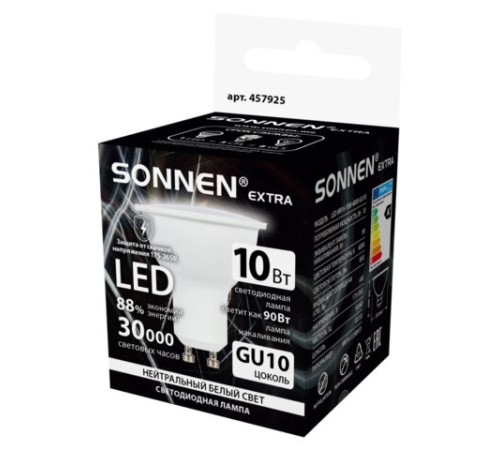 Лампа светодиодная SONNEN EXTRA, 10 (90) Вт, GU10, софит, нейтральный белый, 30000 ч, LED MR16-GU10-10W-4000, 457925