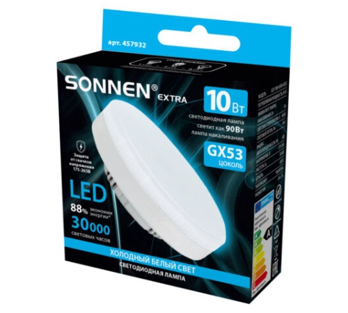 Лампа светодиодная SONNEN EXTRA, 10 (90) Вт, GX53, таблетка, холодный белый, 30000 ч, LED 10W-6500-GX53, 457932