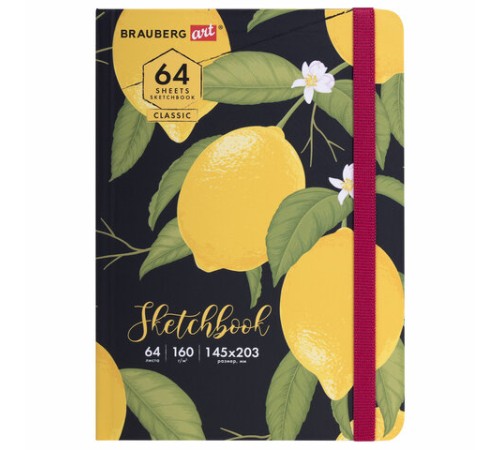 Скетчбук, белая бумага 160 г/м2, 145х203 мм, 64 л., резинка, твердый, BRAUBERG ART CLASSIC 