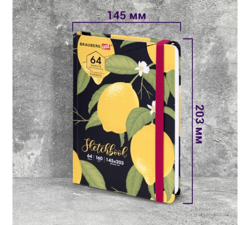 Скетчбук, белая бумага 160 г/м2, 145х203 мм, 64 л., резинка, твердый, BRAUBERG ART CLASSIC 