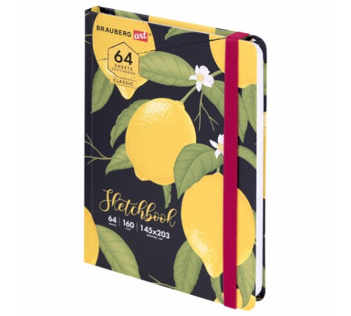 Скетчбук, белая бумага 160 г/м2, 145х203 мм, 64 л., резинка, твердый, BRAUBERG ART CLASSIC 