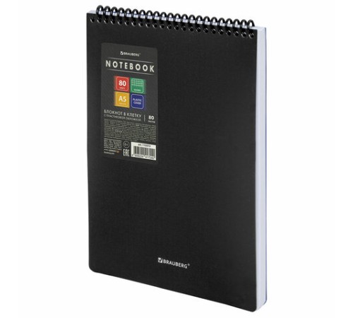 Блокнот А5 80 л., спираль пластиковая, обложка пластик, клетка, BRAUBERG 