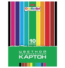 Картон цветной А4 ЛАКИРОВАННЫЙ, 10 листов, 10 цветов, в папке, HATBER, 205х295 мм, Creative Set, 10Кц4л_05930