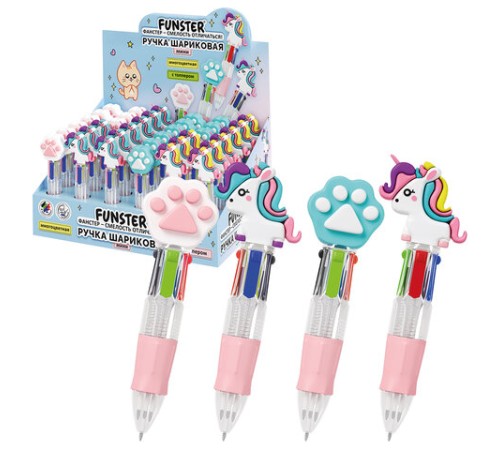Ручка мини многоцветная с топпером шариковая автоматическая 4 ЦВЕТА FUNSTER 