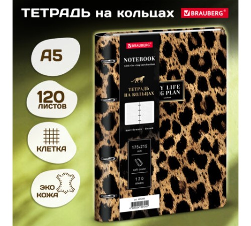 Тетрадь на кольцах А5, 175х215 мм, 120 л., под кожу, BRAUBERG VISTA, 