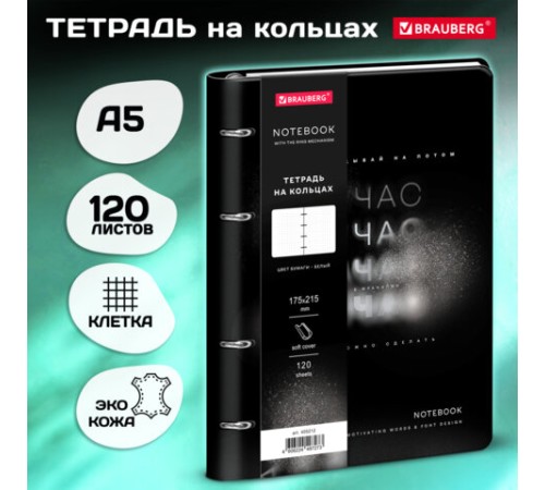 Тетрадь на кольцах А5, 175х215 мм, 120 л., под кожу, BRAUBERG VISTA, 