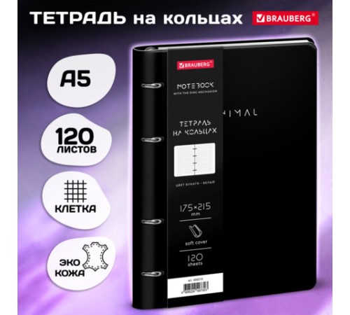 Тетрадь на кольцах А5, 175х215 мм, 120 л., под кожу, BRAUBERG VISTA, 