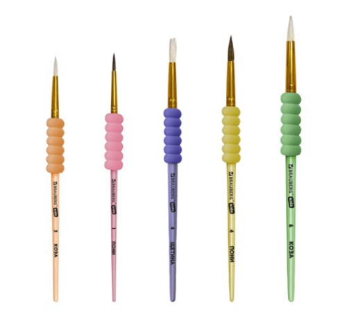 Кисти c EVA-вставкой НАБОР 5 шт. (ПОНИ круглые №1, 4; КОЗА круглые №3, 6; ЩЕТИНА плоская №4), BRAUBERG KIDS, 201091