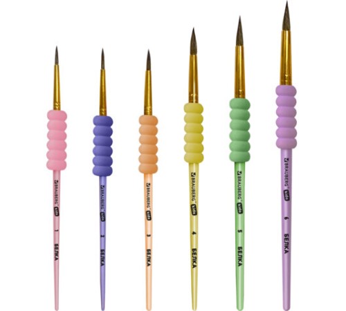 Кисти c EVA-вставкой БЕЛКА набор 6 шт. (круглые №1, 2, 3, 4, 5, 6), блистер, BRAUBERG KIDS, 201093