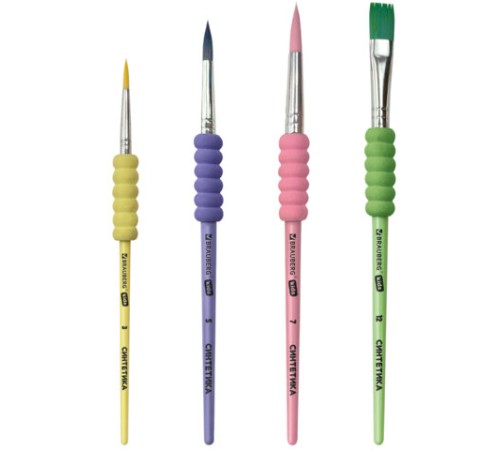 Кисти c EVA-вставкой НАБОР 4 шт. (синтетика круглые №3, 5, 7; плоская №12), блистер, BRAUBERG KIDS, 201094