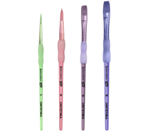 Кисти c силиконовой вставкой НАБОР 4 шт. (синтетика круглые №3, 10; плоские №10, 15), блистер, BRAUBERG KIDS, 201097