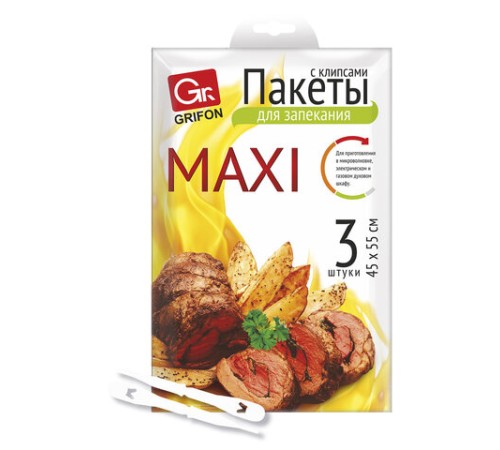 Пакеты для запекания с клипсами MAXI, 45х55 см, 15 мкм, 3 шт., GRIFON, 101-212