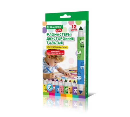Фломастеры двусторонние толстые для малышей ультрасмываемые 6 штук / 12 цветов, BRAUBERG KIDS, 152625
