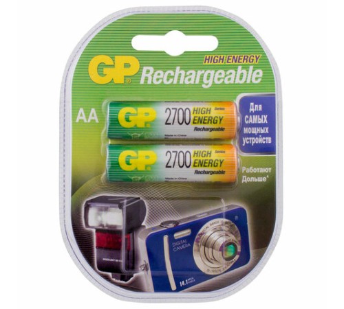 Батарейки аккумуляторные Ni-Mh пальчиковые КОМПЛЕКТ 2 шт. АА (HR6) 2650 mAh, GP, 270AAHC-2DECRC2