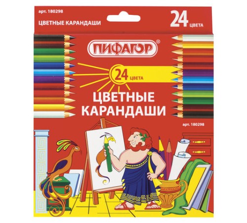 Карандаши цветные ПИФАГОР, 24 цвета, шестигранные, грифель 3 мм, натуральное дерево, 180298