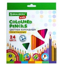 Карандаши цветные BRAUBERG KIDS, 24 цвета, трехгранные, грифель 3 мм, 181944