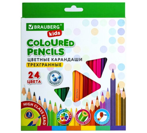Карандаши цветные BRAUBERG KIDS, 24 цвета, трехгранные, грифель 3 мм, 181944