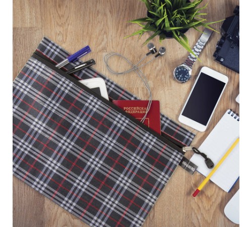 Папка-конверт на молнии А4 (335х243 мм), ткань в клетку, BRAUBERG 