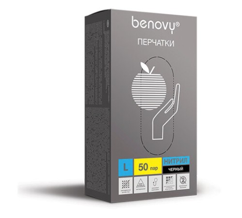 Перчатки нитриловые смотровые 50 пар (100 штук), размер 8-9, L (большой), черные, BENOVY Nitrile Chlorinated