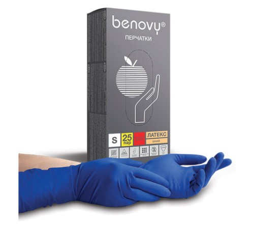 Перчатки латексные смотровые 25 пар (50 штук), размер 6-7, S (малый), синие, BENOVY High Risk