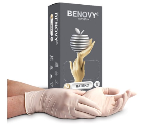 Перчатки латексные смотровые 50 пар (100 шт.), размер М (средний), BENOVY Latex Chlorinated, 21529