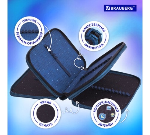 Пенал BRAUBERG, 3 отделения, полиэстер, 21х14 см, 