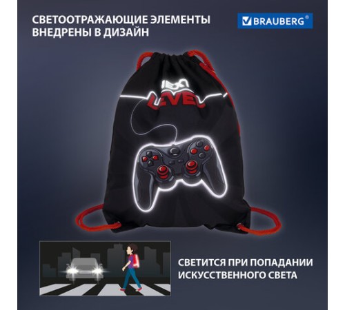 Мешок для обуви BRAUBERG PREMIUM, карман, подкладка, светоотражающие элементы, 43х33 см, 