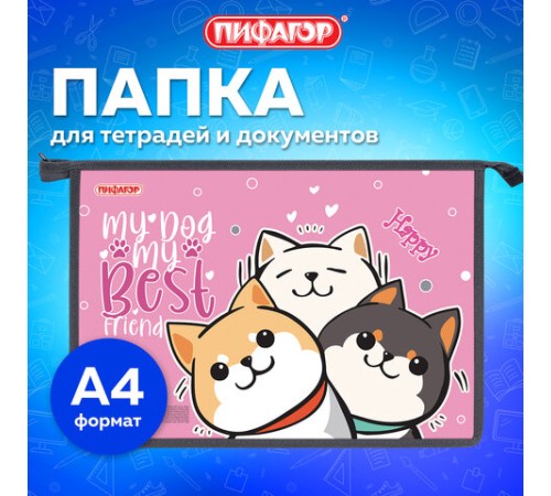 Папка для тетрадей ПИФАГОР А4, 1 отделение, картон/пластик, на молнии, 