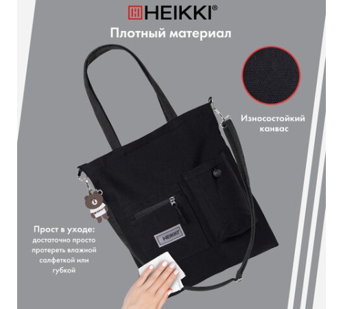 Сумка шоппер HEIKKI EQUIP (ХЕЙКИ), канвас, карман для бутылки, 38х35 см, черный, 272442