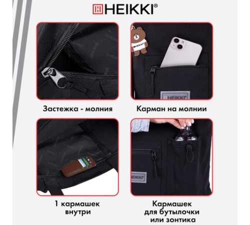 Сумка шоппер HEIKKI EQUIP (ХЕЙКИ), канвас, карман для бутылки, 38х35 см, черный, 272442