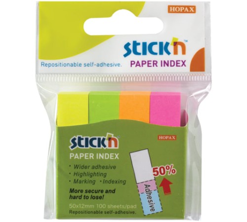 Закладки клейкие HOPAX НЕОНОВЫЕ, бумажные, 12х50 мм, 4 цвета х 100 листов, европодвес, 21613