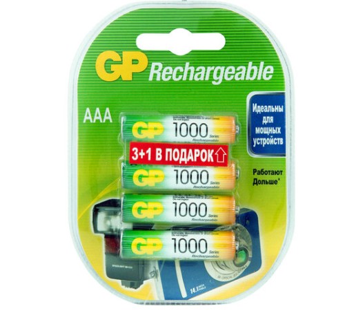 Батарейки аккумуляторные GP, AAA (HR03), Ni-Mh, 950 mAh, 4 шт. (ПРОМО 3+1), блистер, 100AAAHC3/1
