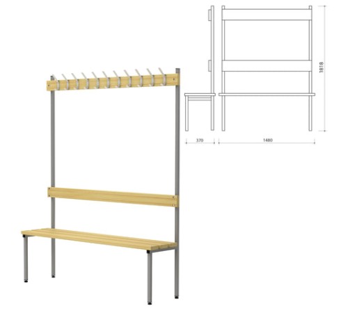 Скамья с вешалкой, спинкой П-091Д/1,5 (1818х1480х370 мм), 11 крючков, дерево, металлокаркас