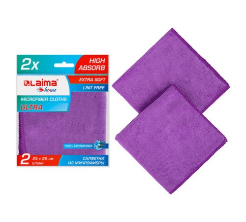 Салфетка из МИКРОФИБРЫ универсальная 25х25 см, КОМПЛЕКТ 2 шт., MULTI FIBER ULTRA, 280 г/м2, LAIMA, 607789