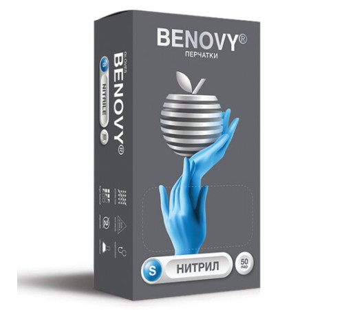 Перчатки нитриловые смотровые 50 пар (100 штук), размер 6-7, S (малый), BENOVY Nitrile Chlorinated